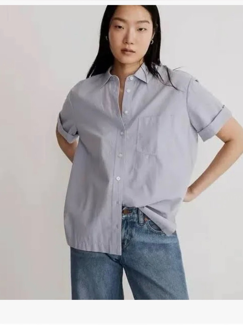 Classic Light Gray Short-Sleeve Button-Up Shirt for woman